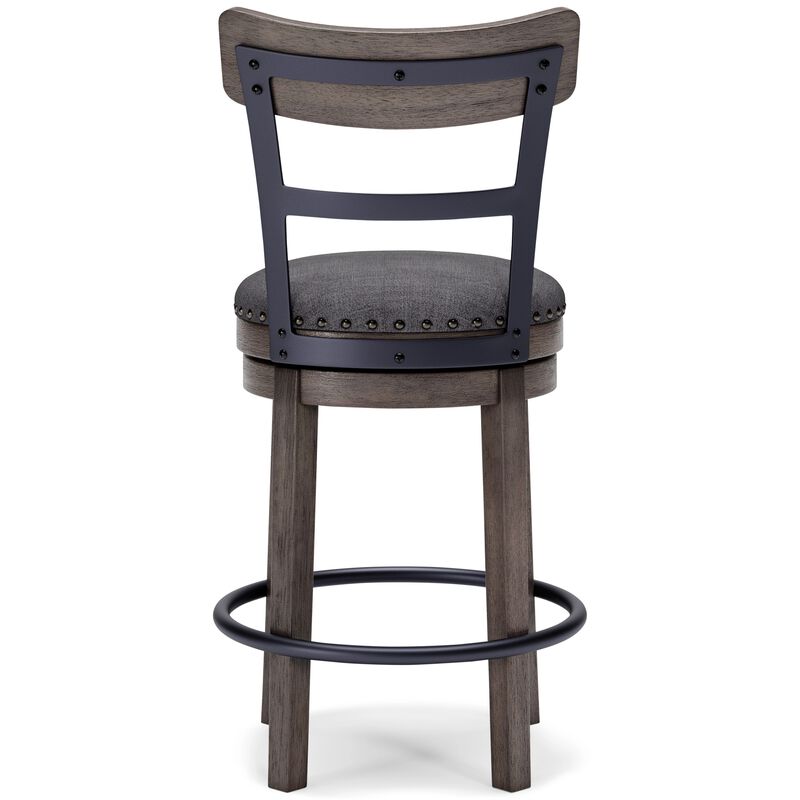 Swivel Barstool with Nailhead Trim and Curved Panel Back, Gray-Benzara