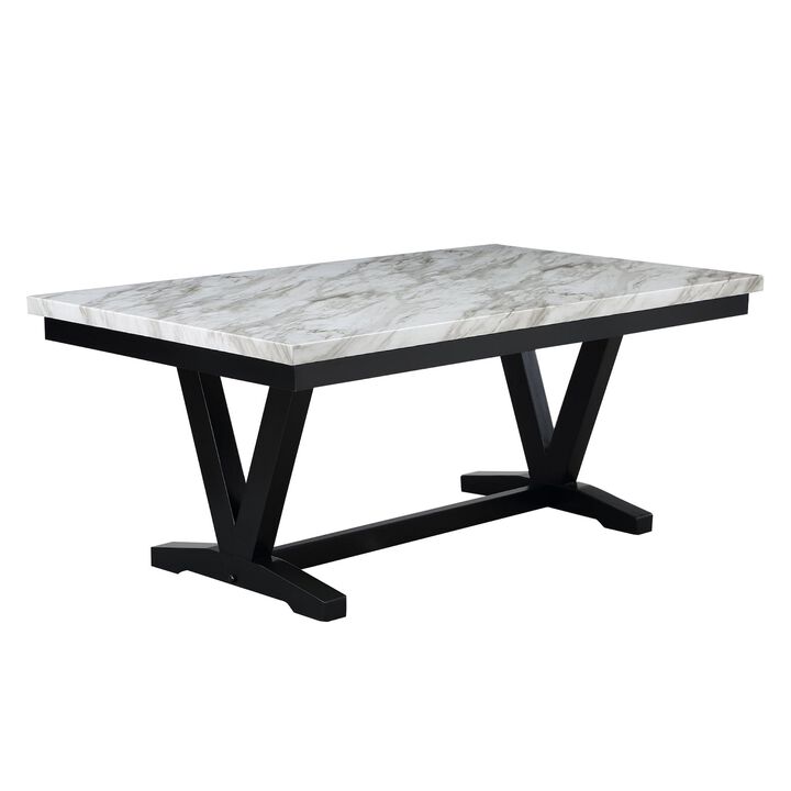 Oliver 72 Inch Dining Table With Faux Carrara Marble Top, White and Black - Benzara