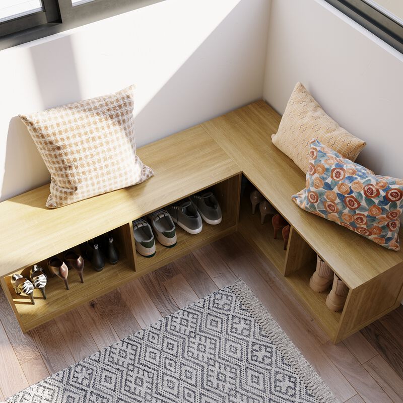 FUFU&GAGA Corner Bench Shoe Cabinet with 4Storage Compartments, P2 MDF, Natural Wood Finish (63" W x 47.2" D x 17.7" H), Light Oak
