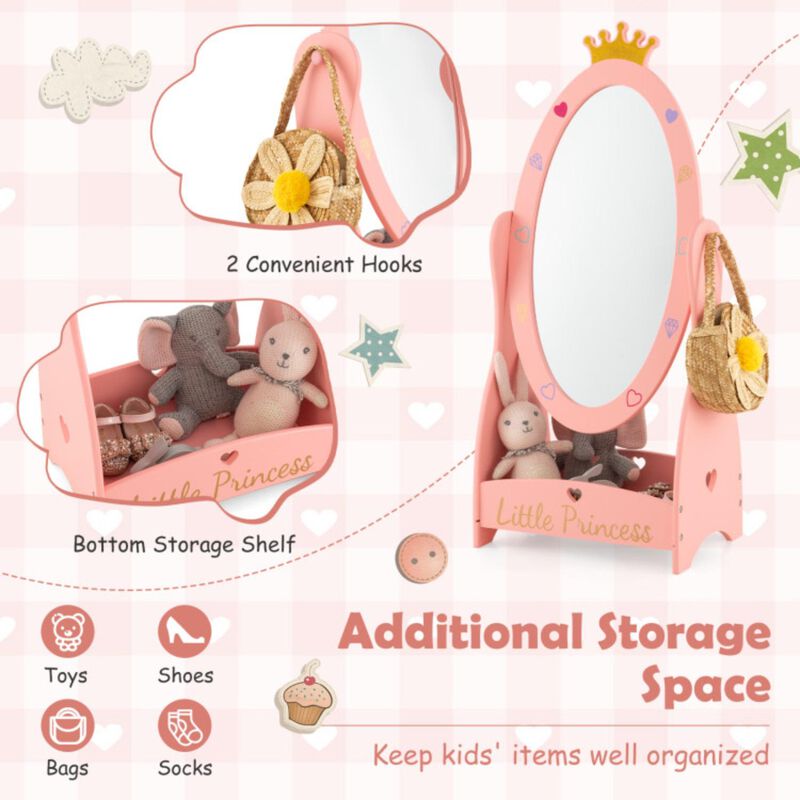 Hivvago Kids Full Length Mirror with 360 Degree Rotatable Design and Shelf-Pink