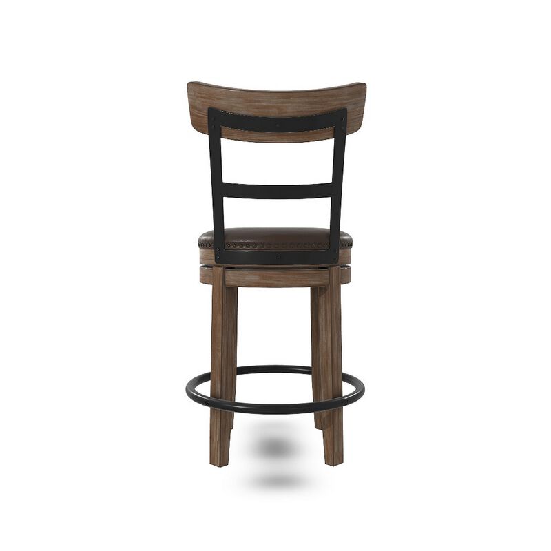 Pine Swivel Counter Height Stool Chair, 24 Inch, Brown Faux Leather  - Benzara