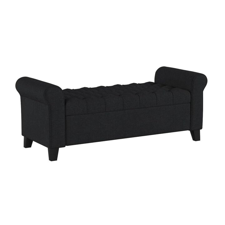 Shawn Storage Bench with Rolled Arms, 50 Inch Button Tufted Dark Gray  - Benzara