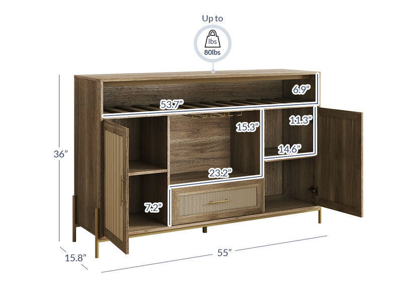 BELLEZE Free-Standing Wine Cabinet, 55" Rattan Wine Bar Cabinet with Wine Rack and Glass Holder, Coffee Bar Cabinet for Dining Room, Living Room and Kitchen - Marcel (Camel)