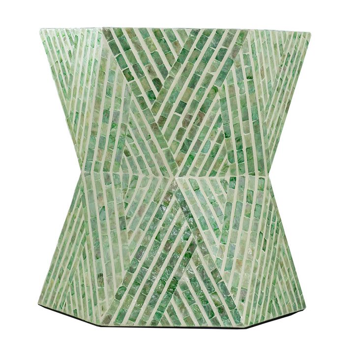 20 Inch Stool Table, Capiz Shell Inlay, Hexagonal Geometric Design, Green - Benzara