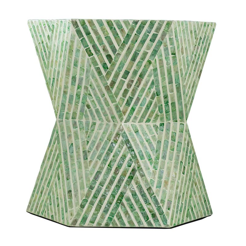 20 Inch Stool Table, Capiz Shell Inlay, Hexagonal Geometric Design, Green - Benzara