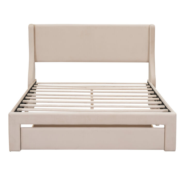 Queen Size Storage Bed Velvet Upholstered Platform Bed with a Big Drawer Queen Size Storage Bed Velvet Upholstered Platform Bed with a Big Drawer