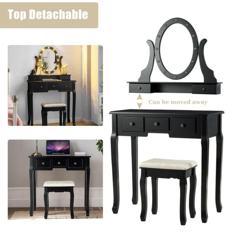 Hivvago 5 Drawers Vanity Table Stool Set with 12-LED Bulbs-Black