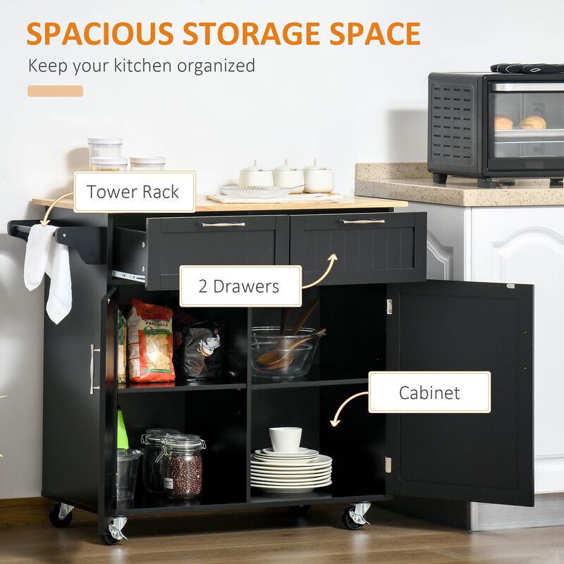 Black Kitchen Trolley: Modern Rolling Cart with Adjustable Shelving