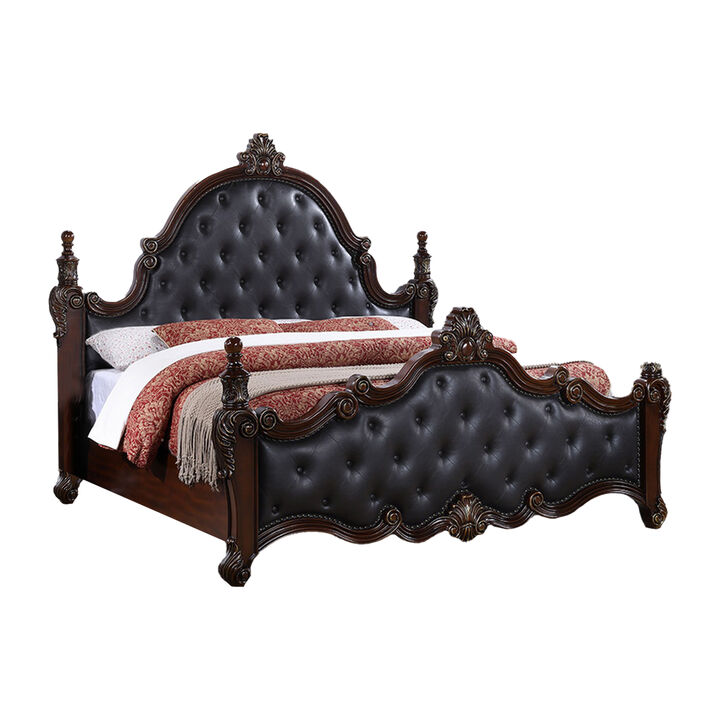 Moni King Bed, Black Button Tufted Classical Upholstery, Cherry Brown Wood - Benzara