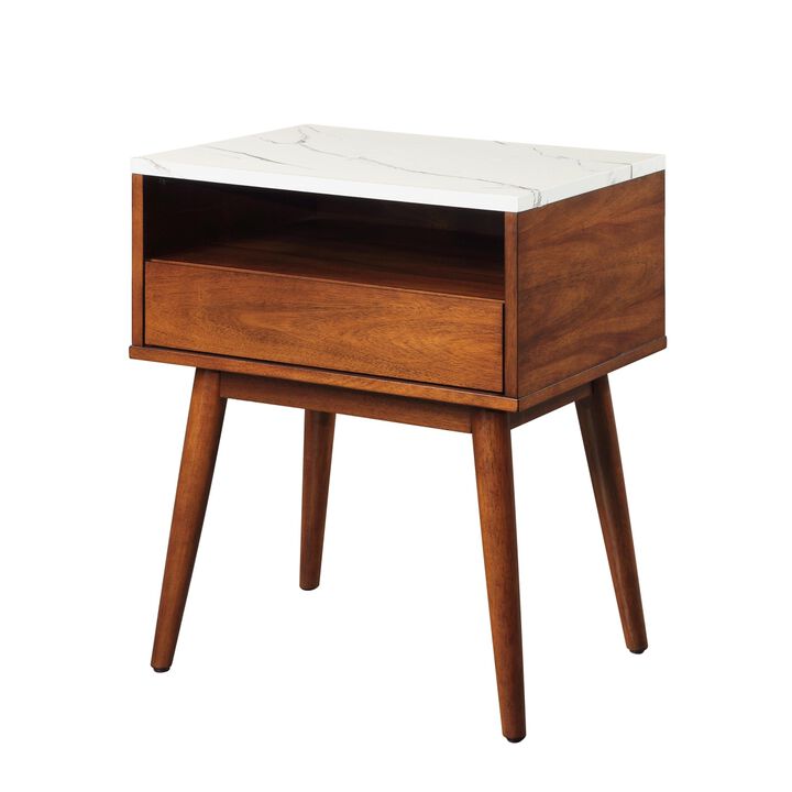 Walnut Finish 1 Piece End Table With Faux Marble And Drawer Shelf Living Room Furniture Side Table