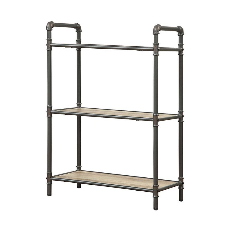 Three Tier Metal Bookshelf With Wooden Shelves, Oak Brown & Gray-Benzara