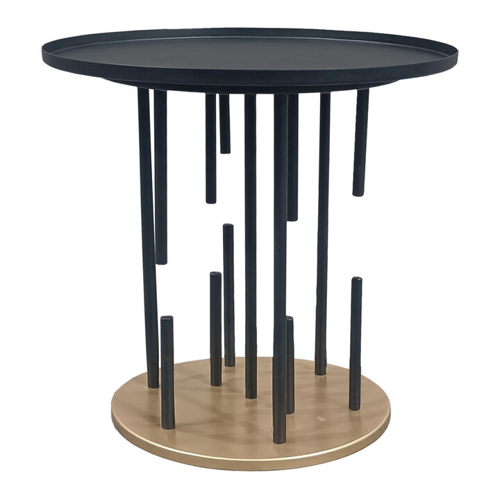 Neci 20 Inch Side End Table, Round Matte Black Tray Top, Modern Rod Supports with Brass Base - Benzara