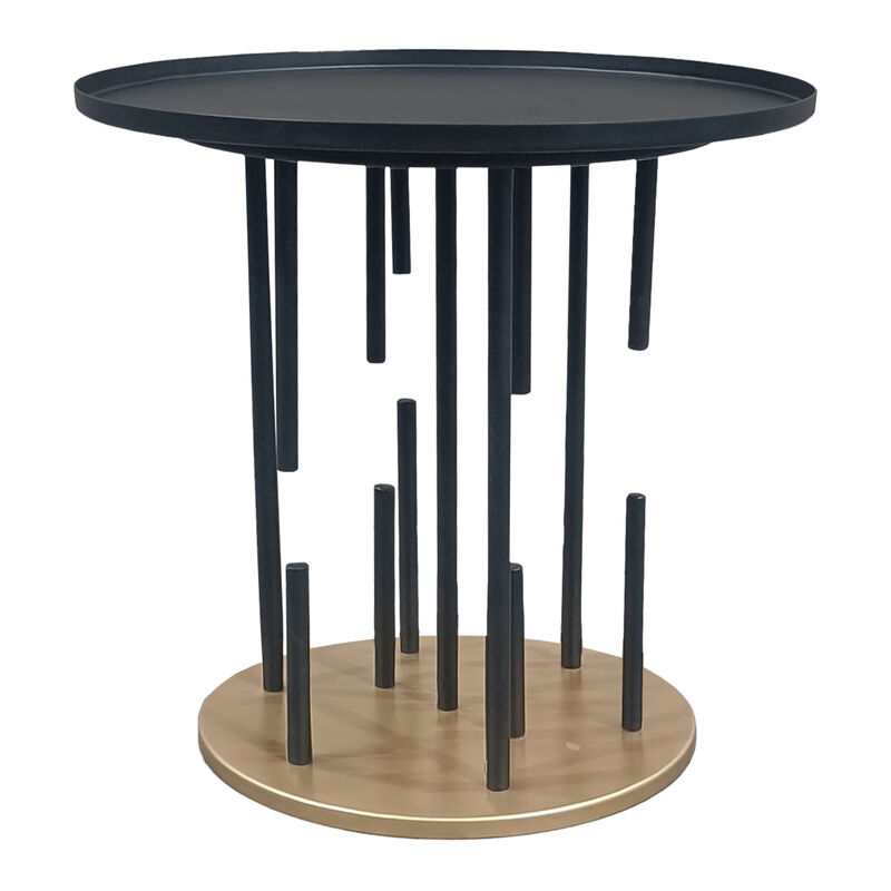 Neci 20 Inch Side End Table, Round Matte Black Tray Top, Modern Rod Supports with Brass Base - Benzara