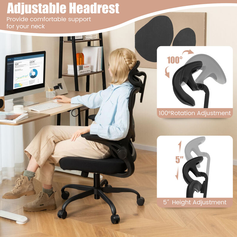 Mesh Office Chair with Adaptive Lumbar Support  Flip-up Armrests  Reclining Backrest-Black