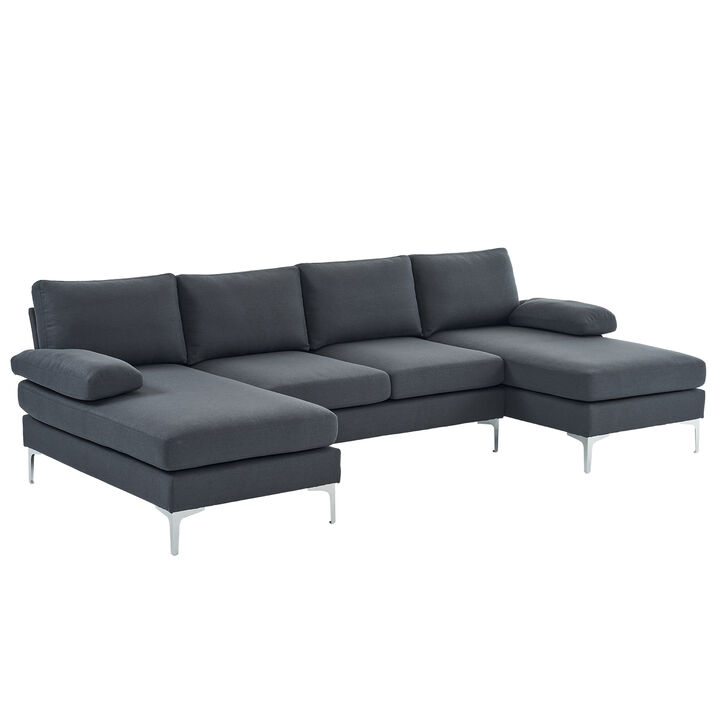 4-Seater U-Shaped Indoor Modular Sofa, Linen Seat with Wooden & Iron Frame, Gold Feet