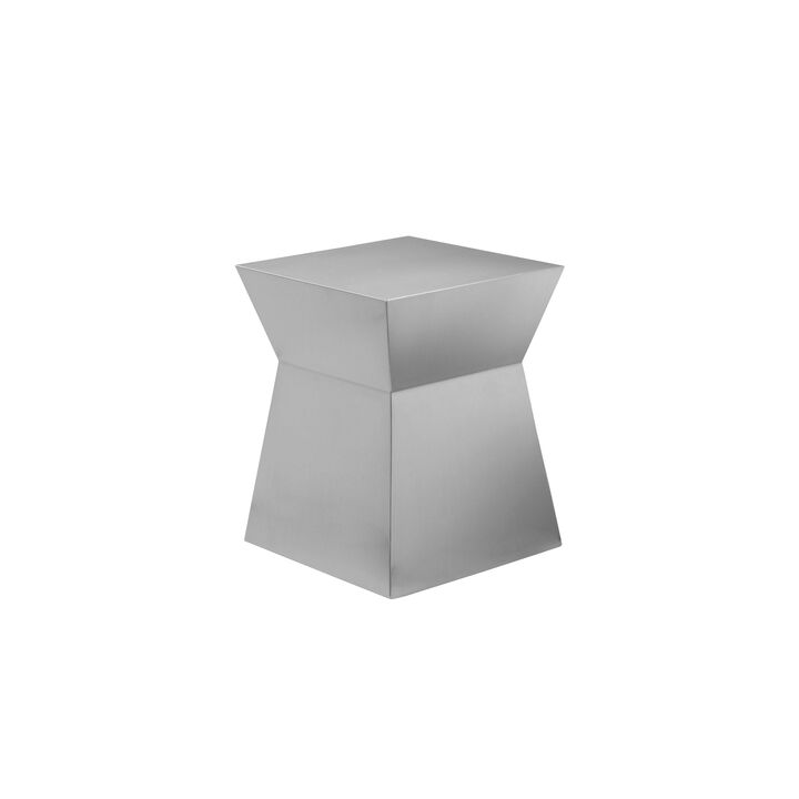 Side End Table, Hourglass Shaped Plinth, 16 Inch Square Brushed Steel - Benzara