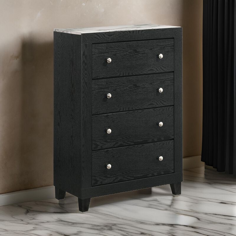 Yoh 47 Inch Tall 4 Drawer Dresser Chest with Marble Top, Metal Knobs, Black-Benzara