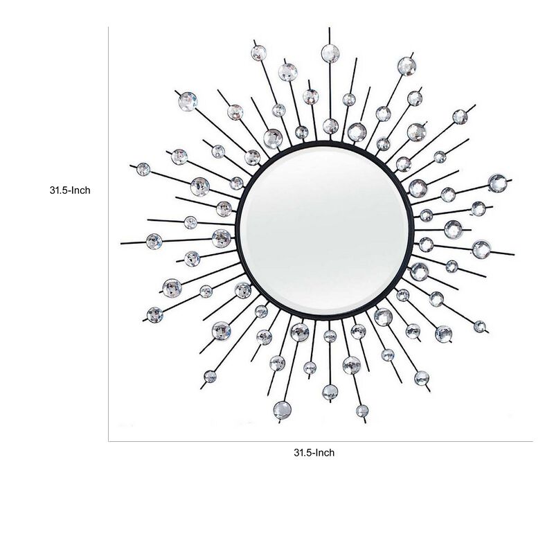 32 Inch Wall Decor, Round Mirror, Sunburst Style, Metal, Black, Silver - Benzara