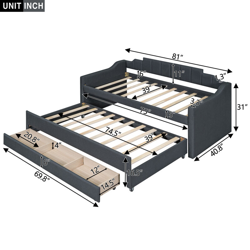 Merax Upholstered Daybed with Trundle and Drawers