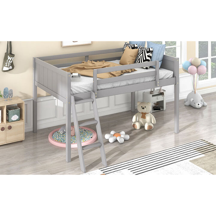 Twin Size Wood Low Loft Bed With Ladder, Ladder Can Be Placed On The Left Or Right