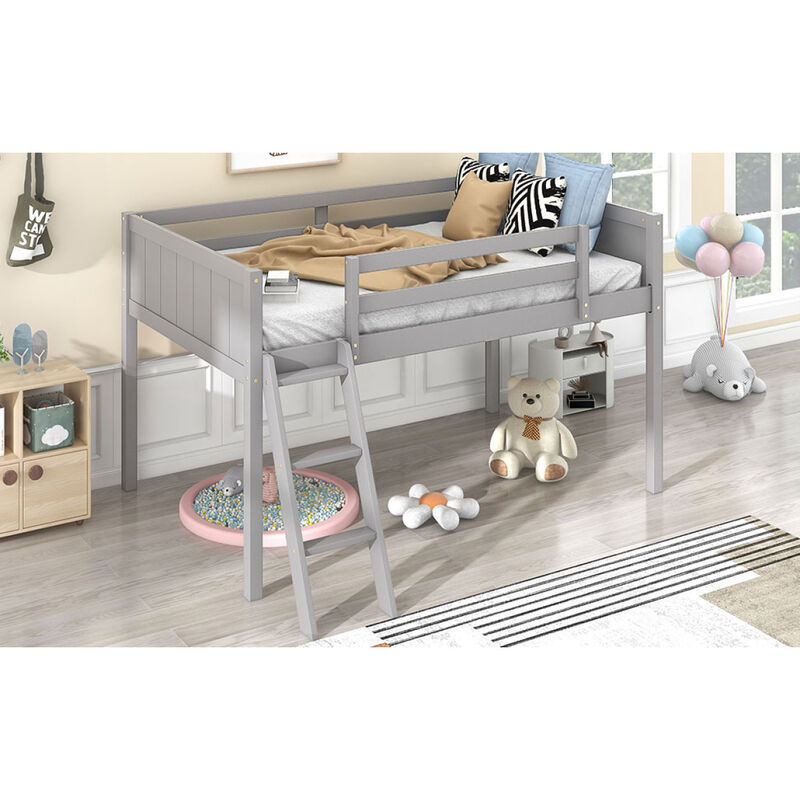 Twin Size Wood Low Loft Bed With Ladder, Ladder Can Be Placed On The Left Or Right