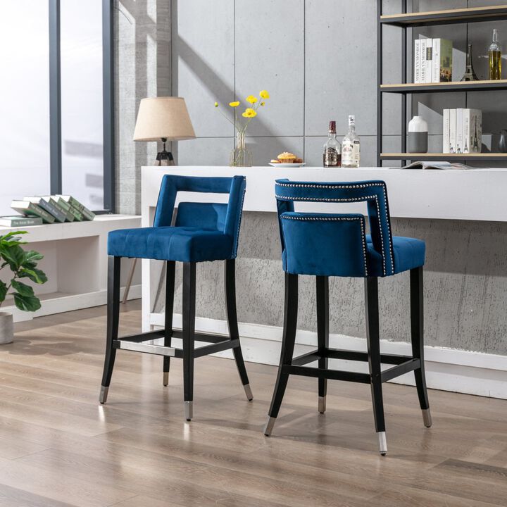 Suede Velvet Barstool With Nailheads Living Room Chair 2 PCS Set - 30 Inch Seater Height