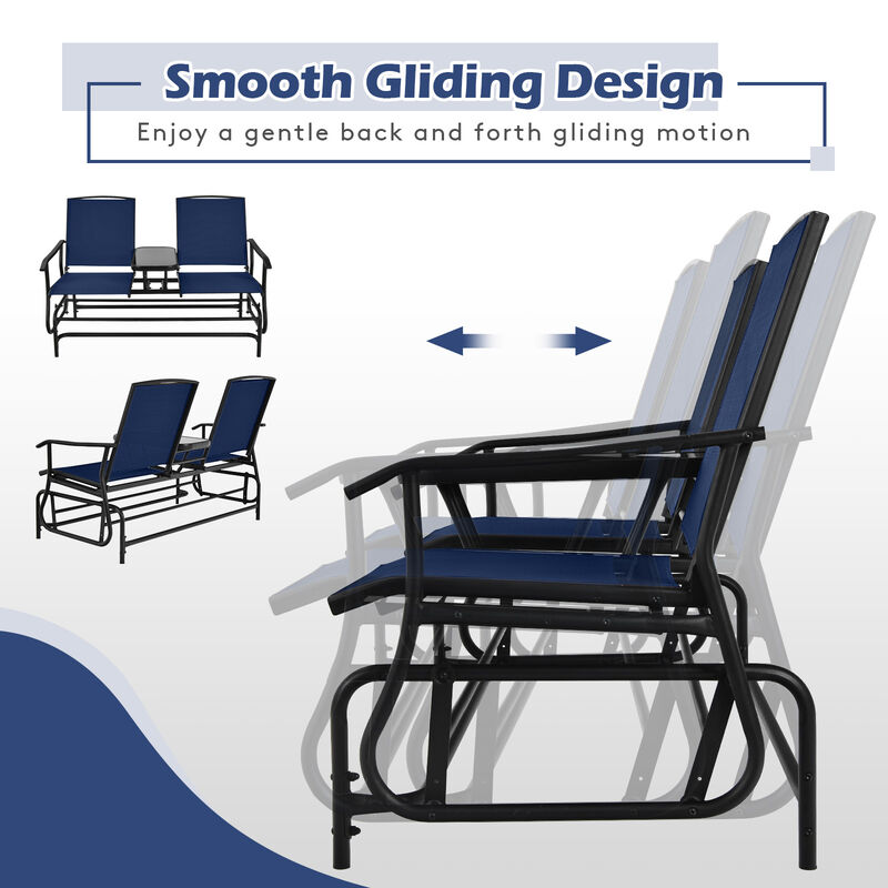 2-Person Double Rocking Loveseat with Mesh Fabric and Center Tempered Glass Table