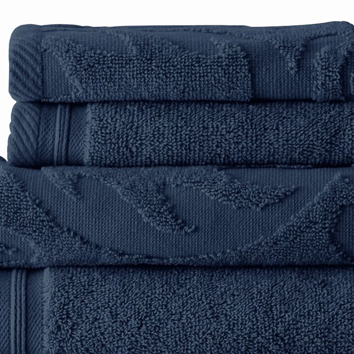 Oya 6 Piece Soft Egyptian Cotton Towel Set, Medallion Pattern, Navy Blue-Benzara