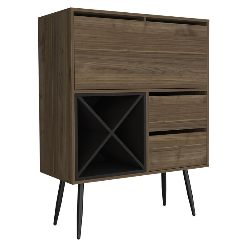 DEPOT E-SHOP Thistle Bar Two Drawers, Four Double Racks, Single Cabinet, Mahogany / Black