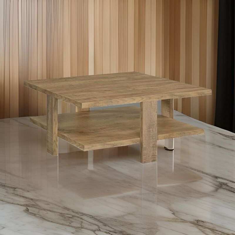Dew 36 Inch Side Coffee Table, Lower Shelf, Engineered Wood, Mango Brown - Benzara