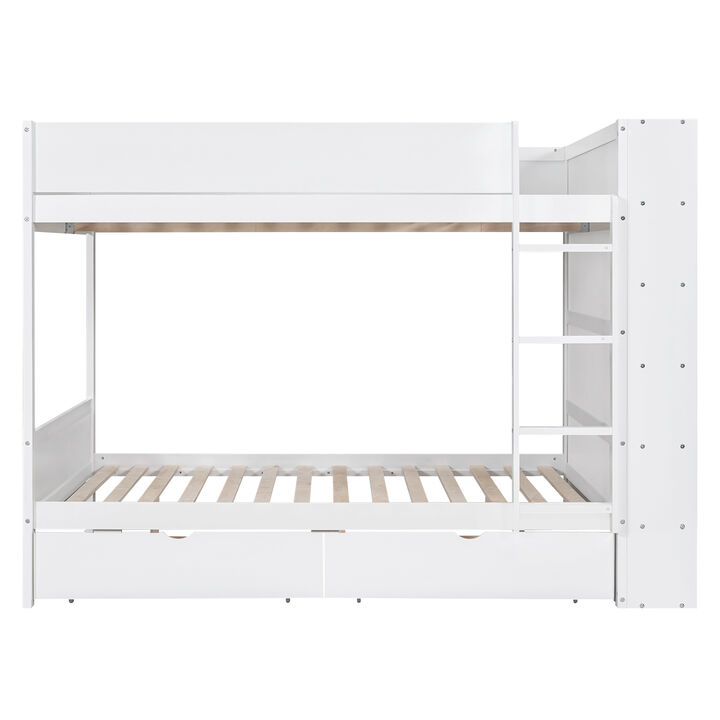 Full Over Full Bunk Bed With 2 Drawers And Multilayer Cabinet, White
