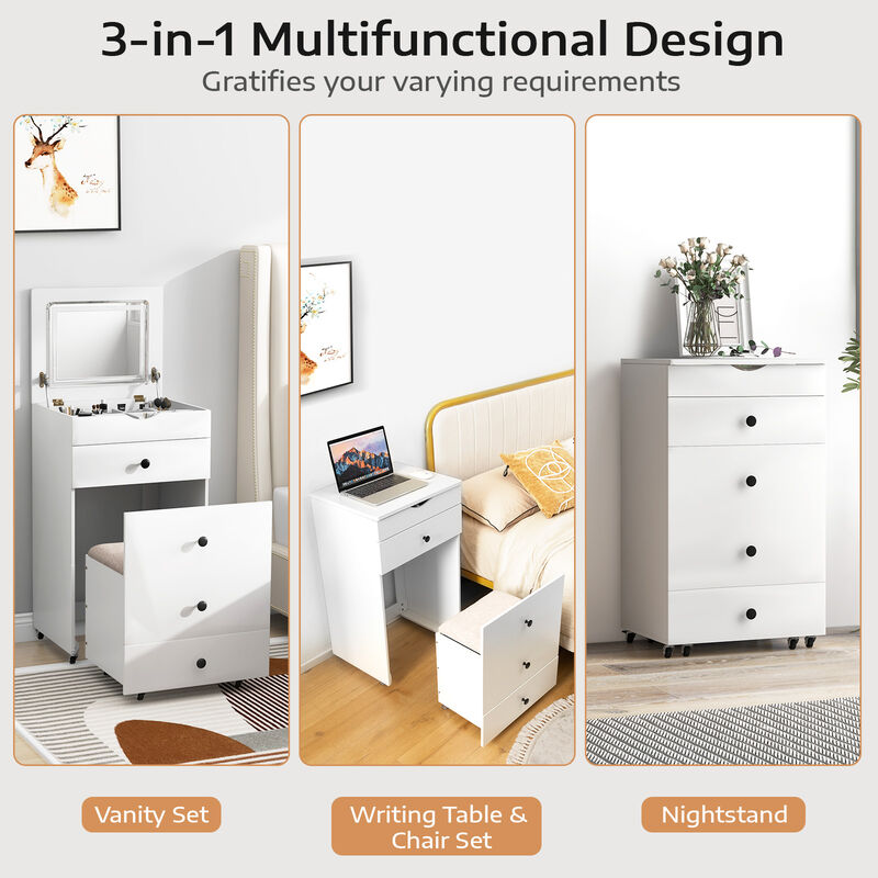 3-in-1 Vanity Set with Cushioned Stool and Flip-up Mirror