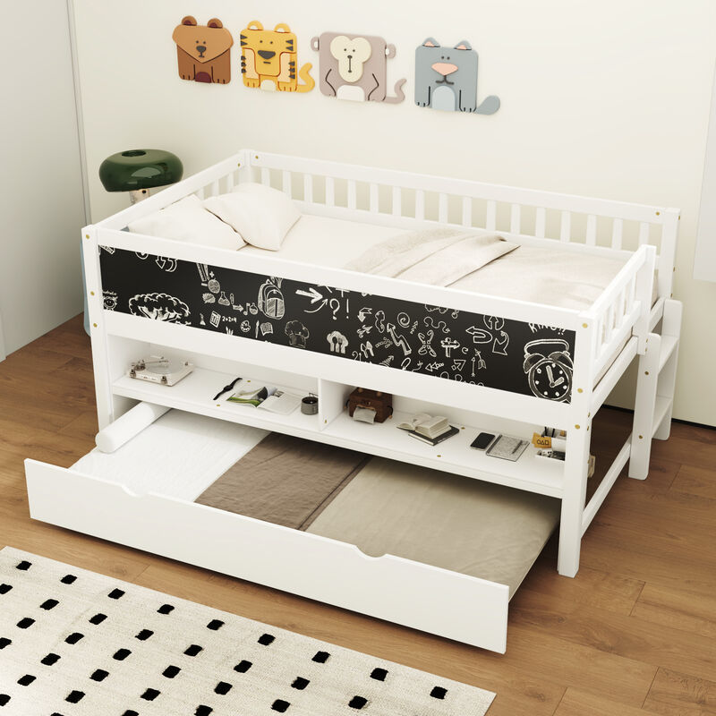 Merax Low Loft Bed with Storage Shelves and Trundl