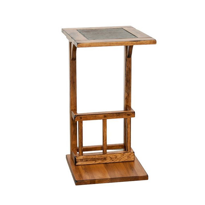 Marv Side Table with Magazine Rack, 13 Inch, Rustic Oak Finish Wood - Benzara