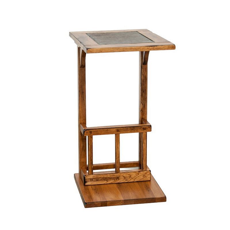 Marv Side Table with Magazine Rack, 13 Inch, Rustic Oak Finish Wood - Benzara
