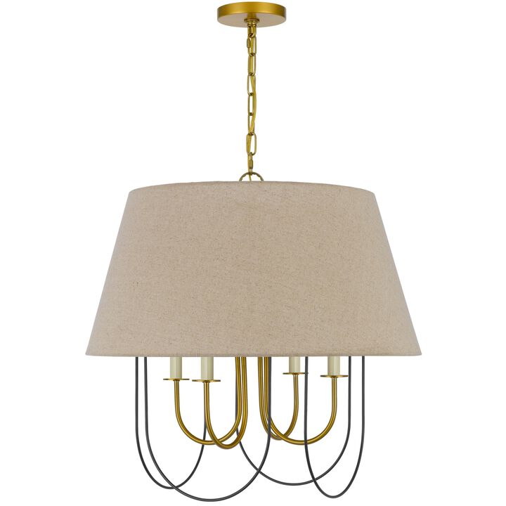 Pomy 24 Inch Chandelier, Hardback Burlap Shade, Gold Black Metal - Benzara
