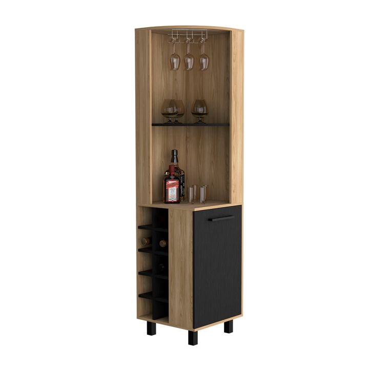 Morocco Corner Bar Single Door Cabinet Two Shelves, Ten Built-in Wine Rack, Two Interior Shelves, Natural Oak / Black -Living Room