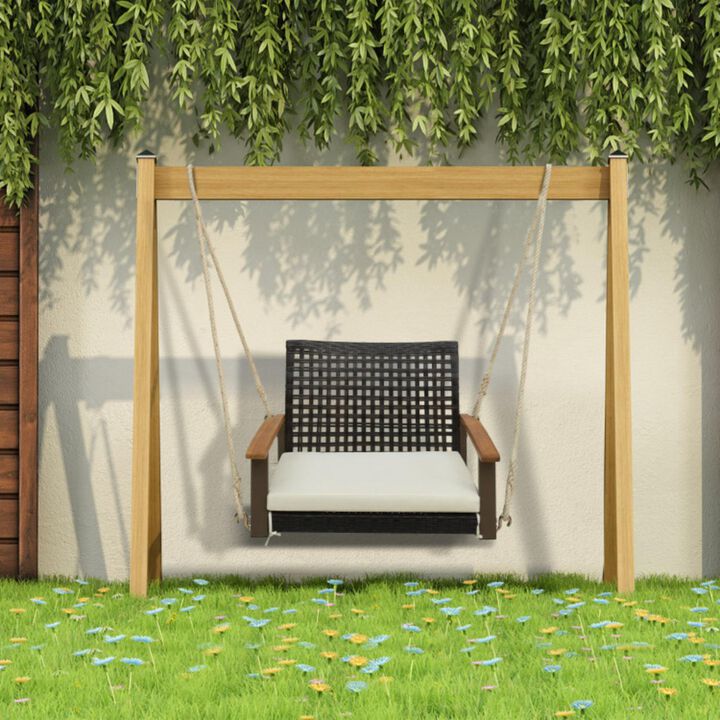 Hivvago Single Rattan Porch Swing with Armrests Cushion and Hanging Ropes-White