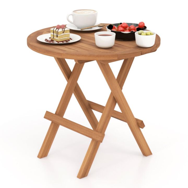 Hivvago Round Patio Folding Coffee Table Teak Wood with Slatted Tabletop