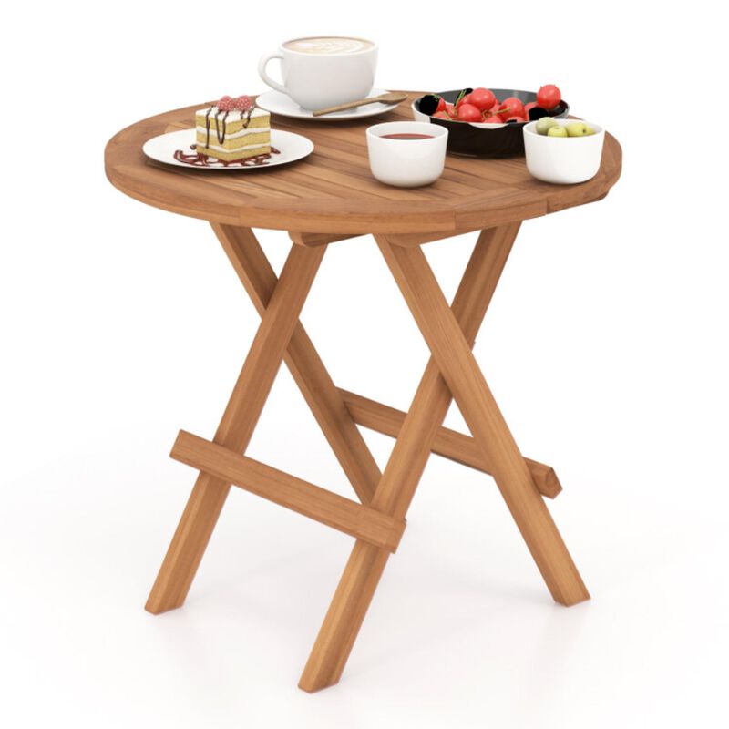 Hivvago Round Patio Folding Coffee Table Teak Wood with Slatted Tabletop