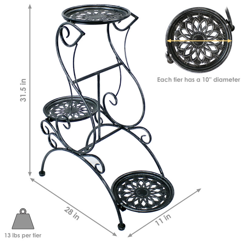 Sunnydaze Dark Gray Steel 3-Tier Victorian Staggered Plant Stand - 31.5 in
