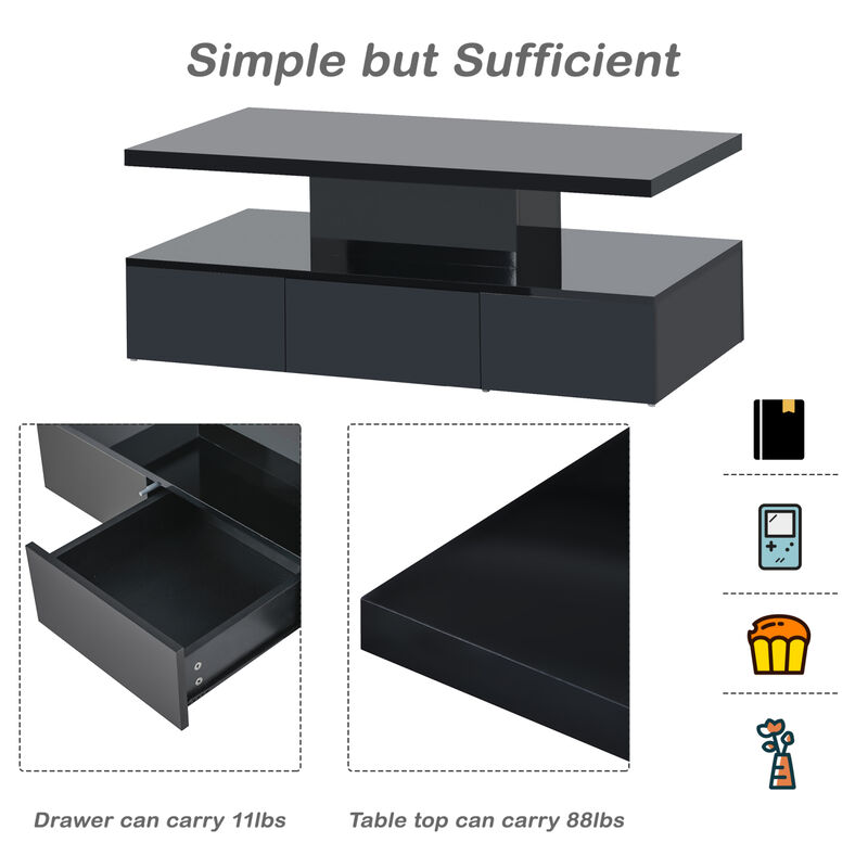 Modern Glossy Coffee Table with Drawer, 2-Tier Rectangle Center Table
