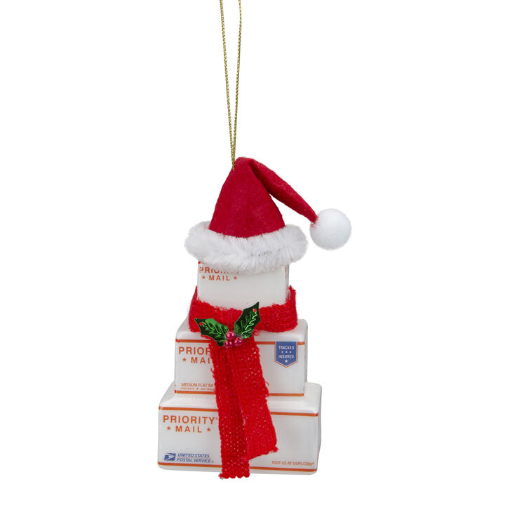 4.5" White and Red "USPS Priority Mail" Stacked Packages Santa Hat Christmas Ornament