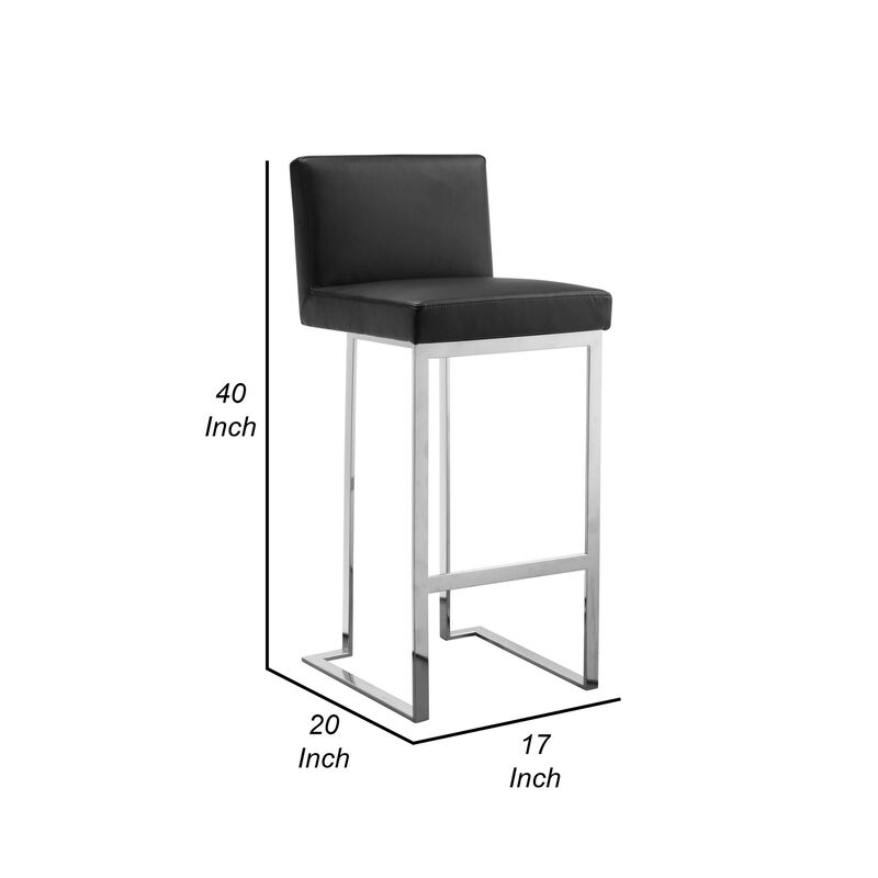 Boly 30 Inch Barstool Chair, Black Faux Leather, Cushions, Chrome Steel - Benzara