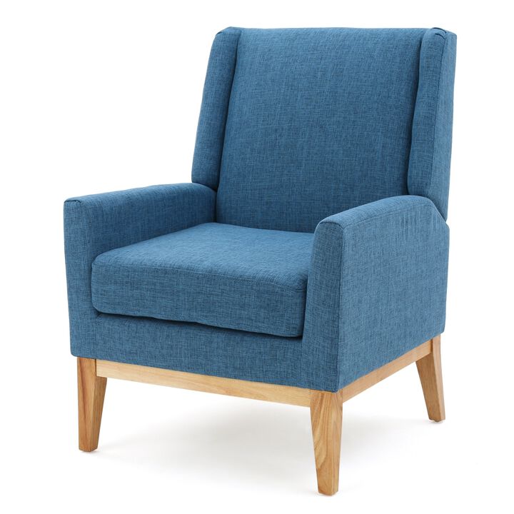 Accent Club Chair, Smooth Textured Design Blue Microfiber, Brown Wood - Benzara