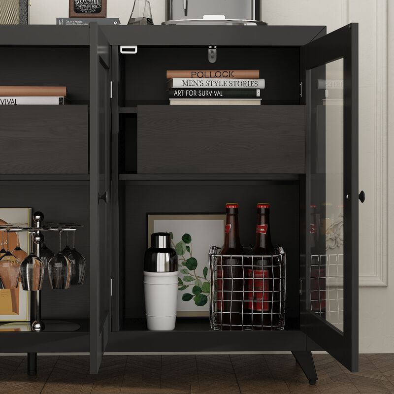 FUFU&GAGA Modern Sideboard with Glass Doors and Storage Drawers, Multi-Functional Buffet Cabinet, (59" W x 15.7" D x 35.4" H), Black