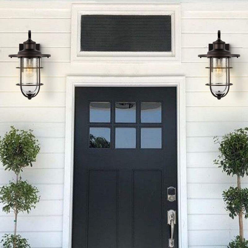 Westfield 1-Light Iron/Seeded Glass Rustic Industrial Cage LED Outdoor Sconce