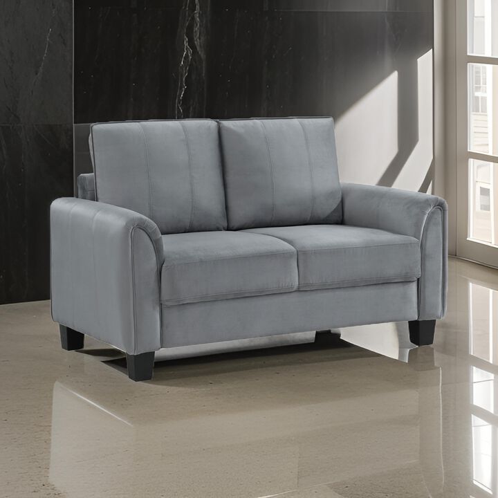 Dave Loveseat, Gray Fabric, Rounded Armrests, Black Tapered Legs, 57 Inch - Benzara