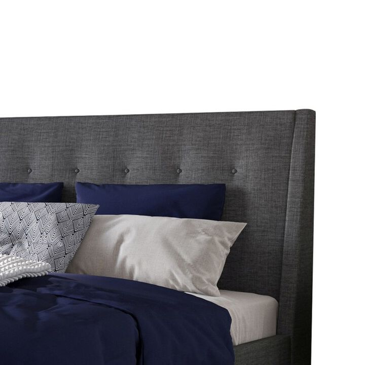 Atina California King Bed, Charcoal Linen Upholstery, Slanted Headboard  - Benzara