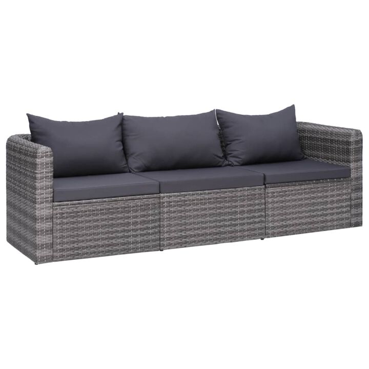 vidaXL 3 Piece Garden Sofa Set with Cushions Gray Poly Rattan